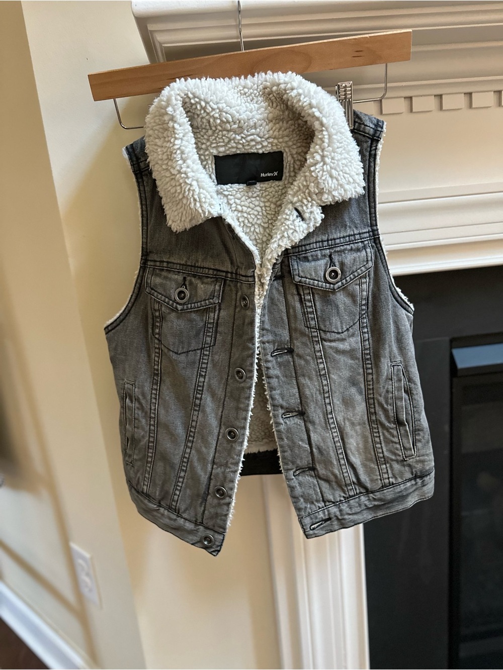 Hudson Jeans Gray Sherpa-Lined Denim Vest with White Faux-Shearling Collar